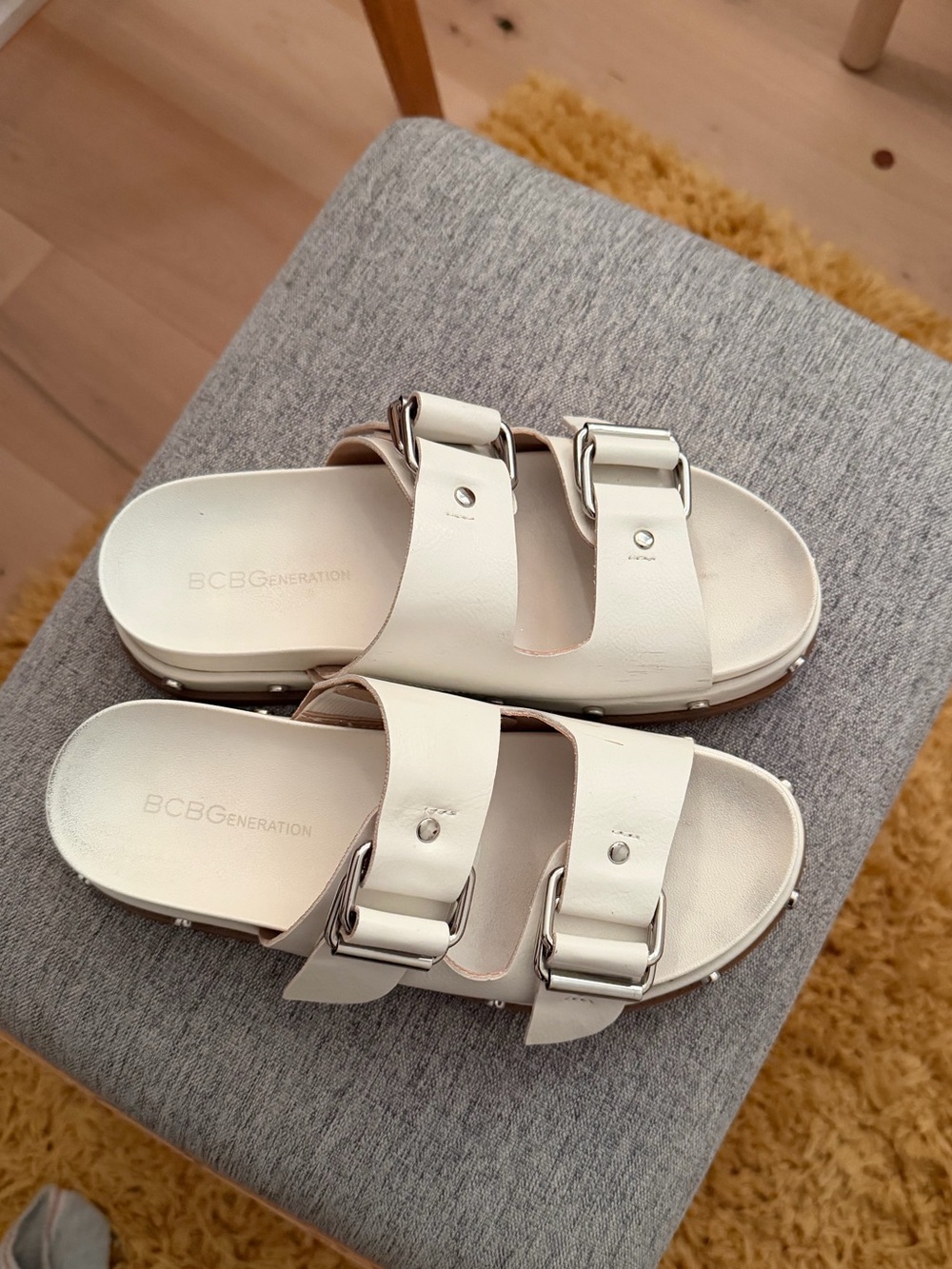 BCBGeneration Cream Double-Buckle Slide Sandals
